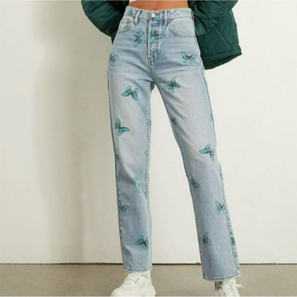 PacSun Light Wash High Rise Jeans with Teal Butterfly Print